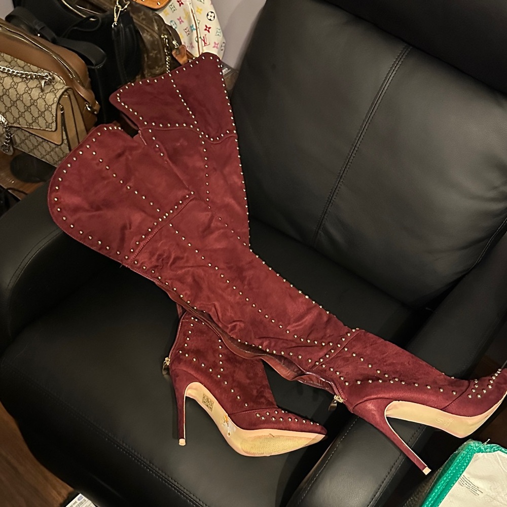 Mackin J chic Burgundy Studded Over-the-Knee Boots